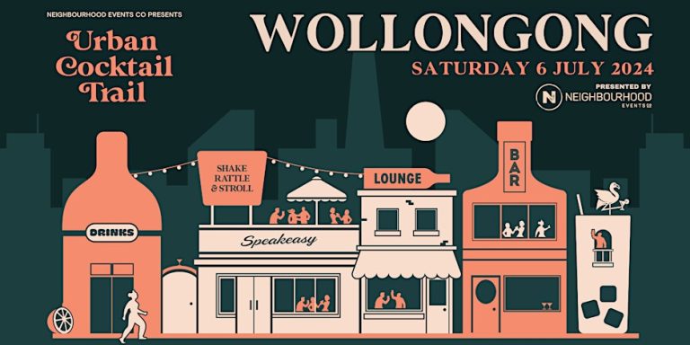 Illustrated poster for the Urban Cocktail Trail in Wollongong, scheduled for Saturday, 6 July 2024, presented by Neighbourhood Events Co. The poster features a whimsical cityscape with buildings labeled 'Drinks,' 'Speakeasy,' 'Lounge,' and 'Bar,' and includes people enjoying drinks and socialising.